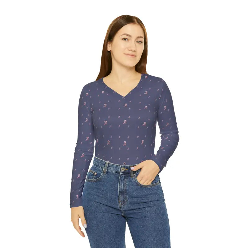 Floral Elegance: Women’s Purple V-neck Long Sleeve Shirt - Shirts