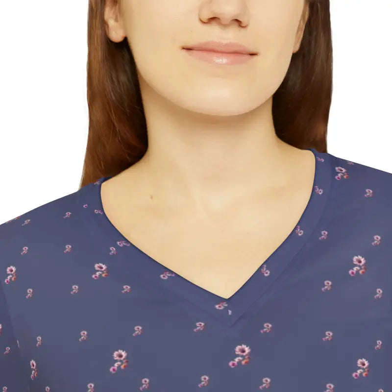 Floral Elegance: Women’s Purple V-neck Long Sleeve Shirt - Shirts