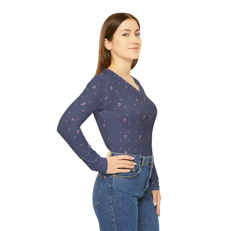 Floral Elegance: Women’s Purple V-neck Long Sleeve Shirt - Shirts