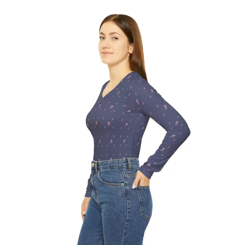 Floral Elegance: Women’s Purple V-neck Long Sleeve Shirt - Shirts