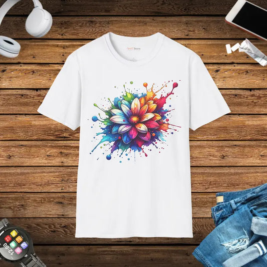 Vibrant Color Burst Flower Unisex Softstyle T-shirt - White / s T-shirt