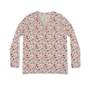 Long Sleeve v Neck Flowers Pattern Tee - Comfy Style - Dipaliz - T-shirts