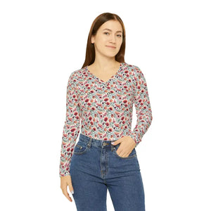 Long Sleeve v Neck Flowers Pattern Tee - Comfy Style - Dipaliz - Xs - T-shirts