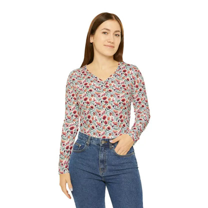 Blossom Into Style: Long Sleeve V-neck with Floral Flair - Xs Shirts