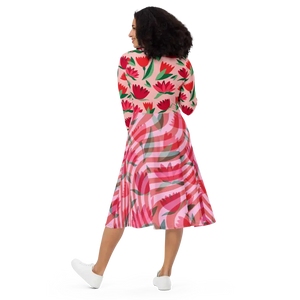 Red Flower Print Long Sleeve Midi Dress Striped Comfort - Dipaliz - Dresses