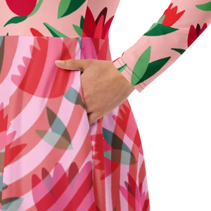 Red Flower Print Long Sleeve Midi Dress Striped Comfort - Dipaliz - Dresses