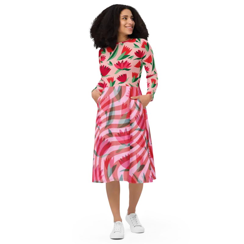 Stun in a Red Flower Long Sleeve Midi Dress - Dresses