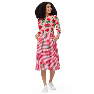 Red Flower Print Long Sleeve Midi Dress Striped Comfort - Dipaliz - Dresses