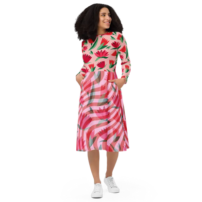 Stun in a Red Flower Long Sleeve Midi Dress - Dresses