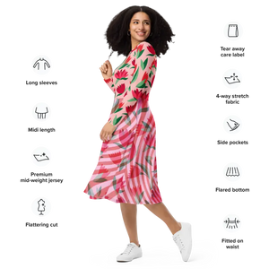 Red Flower Print Long Sleeve Midi Dress Striped Comfort - Dipaliz - Dresses