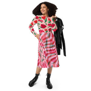 Red Flower Print Long Sleeve Midi Dress Striped Comfort - Dipaliz - Xs - Dresses