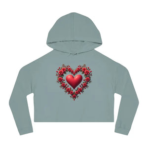 Trendy Women’s Cropped Hooded Sweatshirt Floral Hearts Design - Dipaliz - Sage / Xs - Hoodies