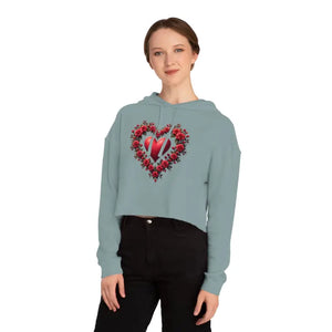 Trendy Women’s Cropped Hooded Sweatshirt Floral Hearts Design - Dipaliz - Hoodies