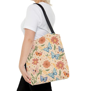 Polyester Tote Bag Flowers and Butterflies Fashion Style - Dipaliz - Medium - Shopping Totes