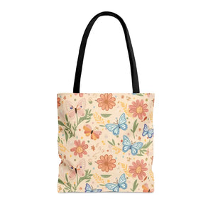 Polyester Tote Bag Flowers and Butterflies Fashion Style - Dipaliz - Shopping Totes