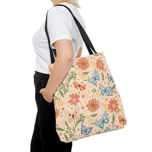Polyester Tote Bag Flowers and Butterflies Fashion Style - Dipaliz - Large - Shopping Totes