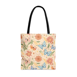 Polyester Tote Bag Flowers and Butterflies Fashion Style - Dipaliz - Shopping Totes