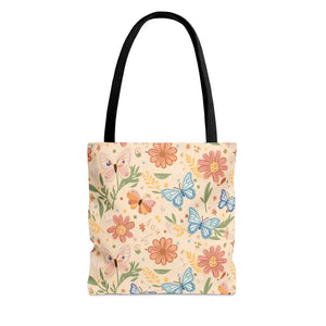 Polyester Tote Bag Flowers and Butterflies Fashion Style - Dipaliz - Shopping Totes