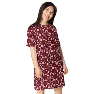 Dresses - Deep Red Comfortable Oversize Fit Floral T-shirt Dress - Dipaliz