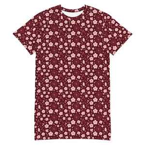 Dresses - Deep Red Comfortable Oversize Fit Floral T-shirt Dress - Dipaliz 2xs