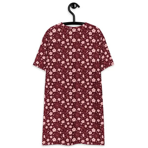 Dresses - Deep Red Comfortable Oversize Fit Floral T-shirt Dress - Dipaliz