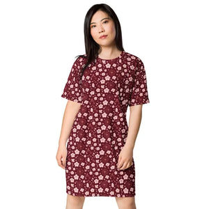 Dresses - Deep Red Comfortable Oversize Fit Floral T-shirt Dress - Dipaliz