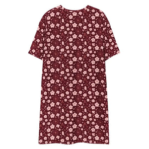 Dresses - Deep Red Comfortable Oversize Fit Floral T-shirt Dress - Dipaliz