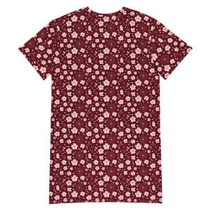 Dresses - Deep Red Comfortable Oversize Fit Floral T-shirt Dress - Dipaliz
