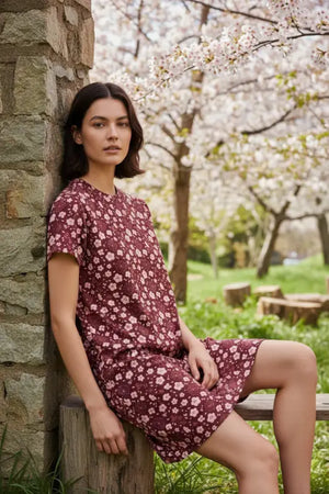 Dresses - Deep Red Comfortable Oversize Fit Floral T-shirt Dress - Dipaliz