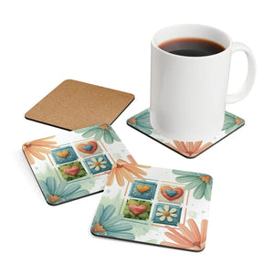 Hearts Corkwood Coaster Set – Floral Design - Dipaliz - Coasters