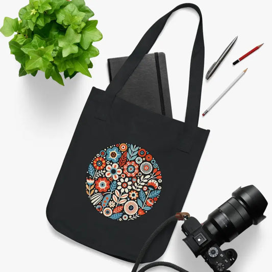 Eco-chic Floral Canvas Tote: Style Meets Sustainability - Black Bags