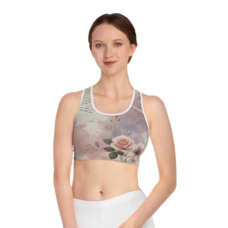 Lavender Floral Sports Bra with Compression Fit Style - s / White Stitching Bras