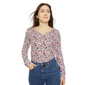 Watercolor Poppy Pattern Women’s Long Sleeve V-neck Shirt (aop) - T-shirts