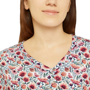 Watercolor Poppy Pattern Women’s Long Sleeve V-neck Shirt (aop) - T-shirts