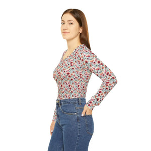 Watercolor Poppy Pattern Women’s Long Sleeve V-neck Shirt (aop) - T-shirts