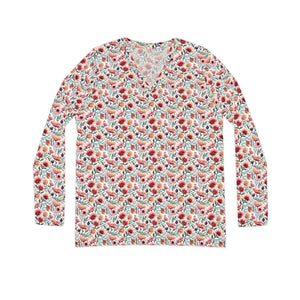 Watercolor Poppy Pattern Women’s Long Sleeve V-neck Shirt (aop) - T-shirts