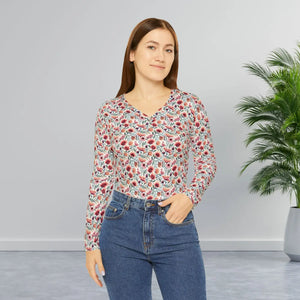 Watercolor Poppy Pattern Women’s Long Sleeve V-neck Shirt (aop) - T-shirts