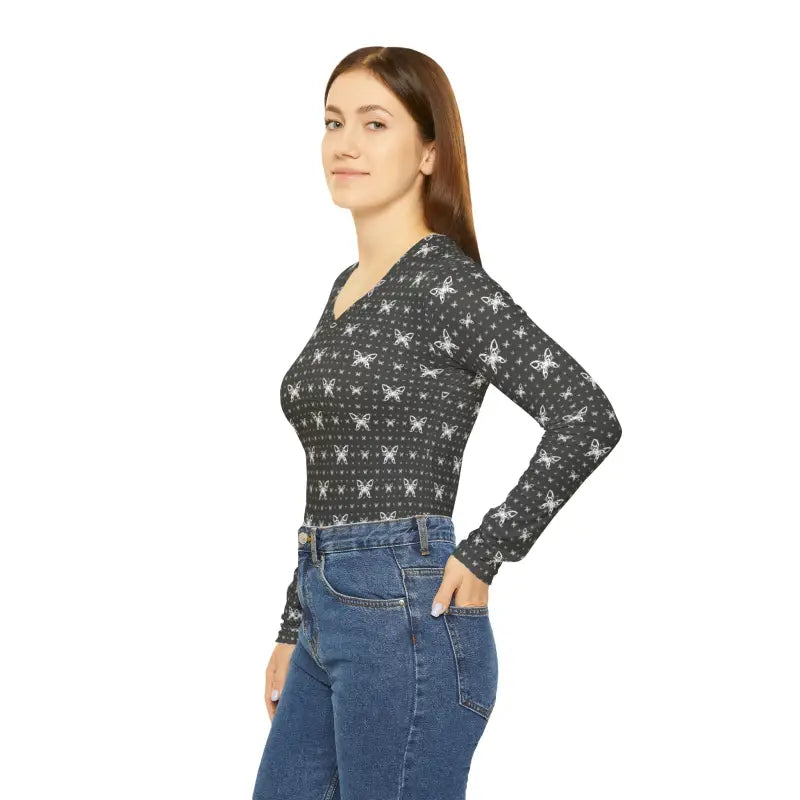 Fluttery Butterflies V-neck Long Sleeve Top - All Over Prints