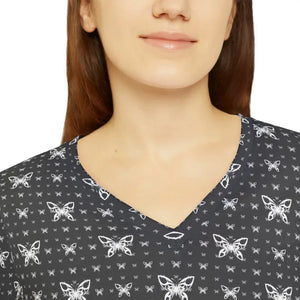 Long Sleeve v Neck Butterflies Pattern Tee - Dipaliz - T-shirts