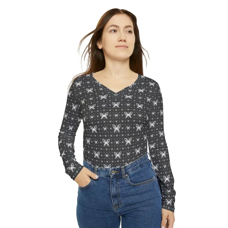 Fluttery Butterflies V-neck Long Sleeve Top - Xs All Over Prints