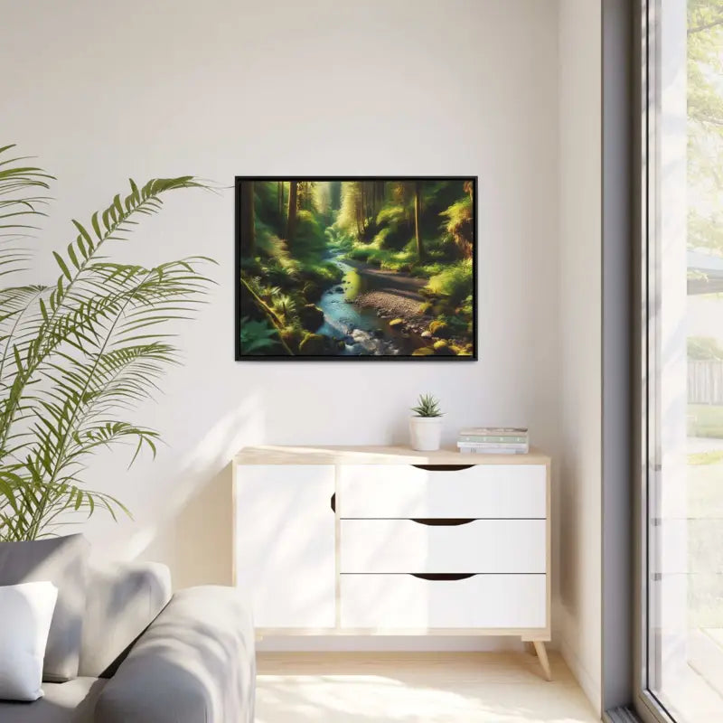 Serene Creek Forest Matte Canvas in Sleek Black Frame