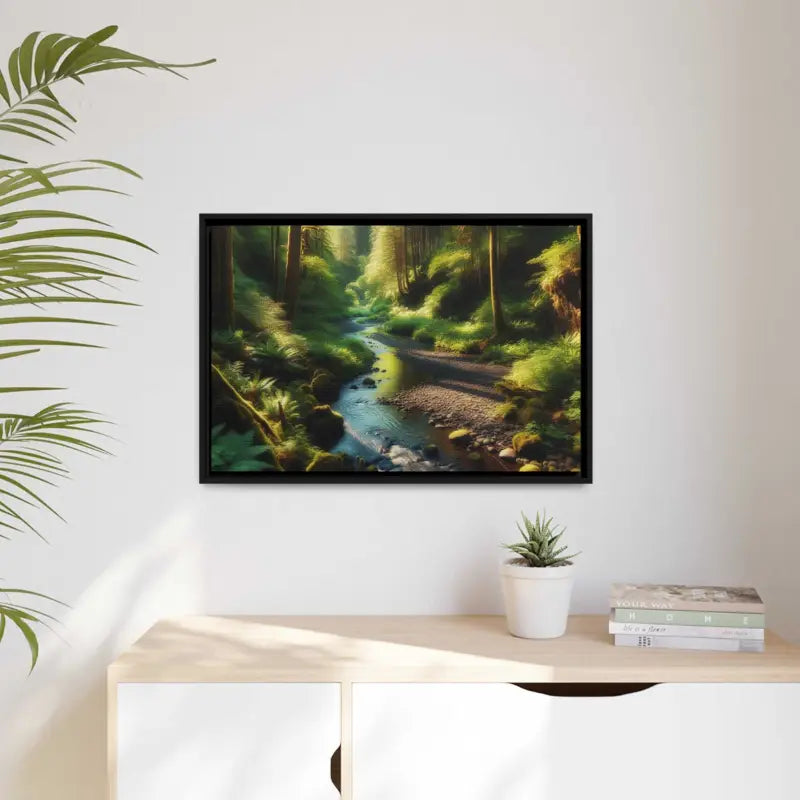 Serene Creek Forest Matte Canvas in Sleek Black Frame