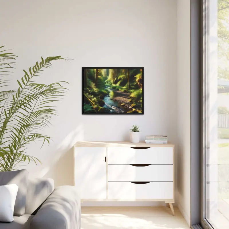 Serene Creek Forest Matte Canvas in Sleek Black Frame