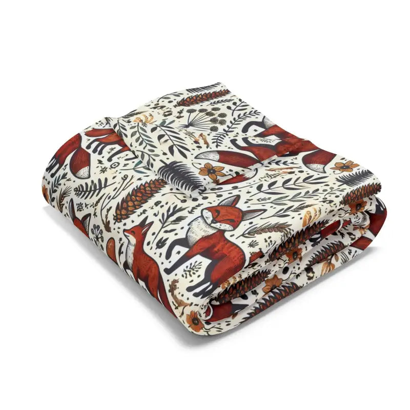 Cozy Arctic Fleece Blanket with Fox and Leaves Design - Home Decor