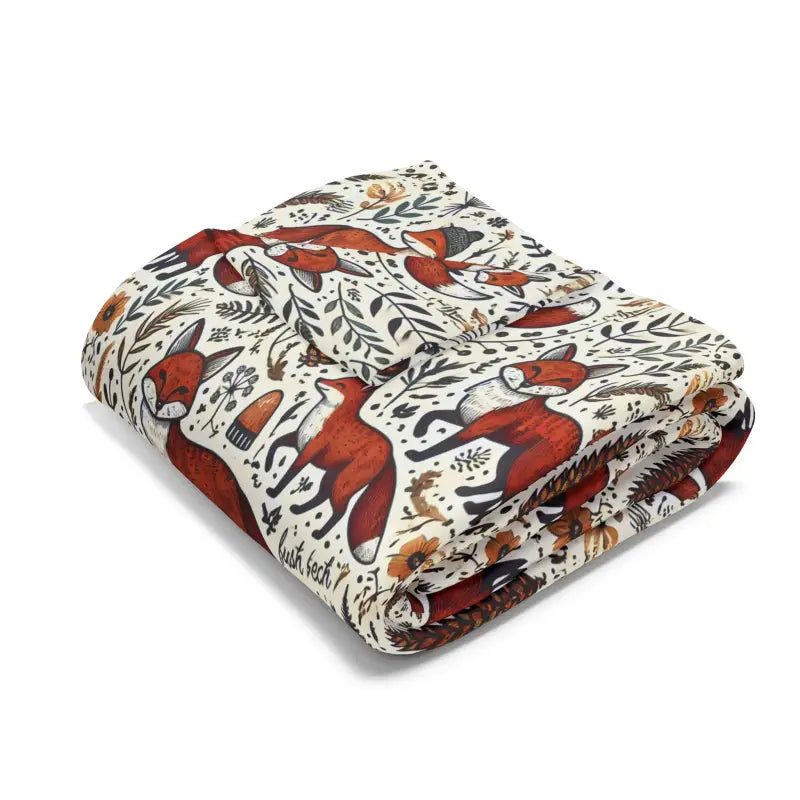 Cozy Arctic Fleece Blanket with Fox and Leaves Design - Home Decor