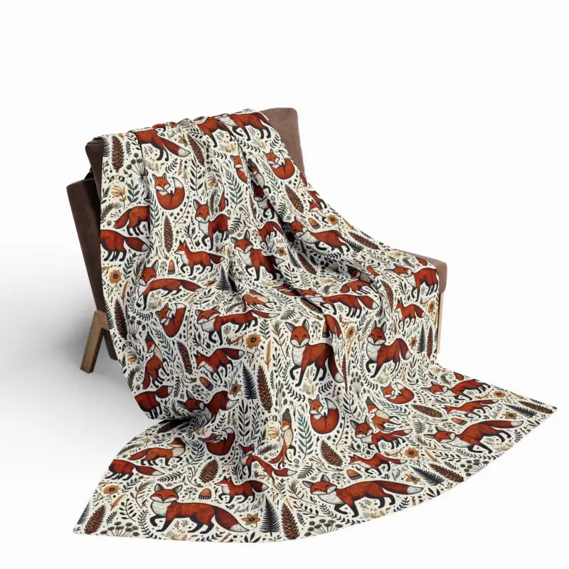 Cozy Arctic Fleece Blanket with Fox and Leaves Design - 60’’ × 80’’ Home Decor