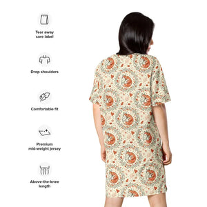 Dresses - Fox Botanical Pattern T-shirt Dress Comfortable Oversize Fit - Dipaliz