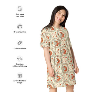 Dresses - Fox Botanical Pattern T-shirt Dress Comfortable Oversize Fit - Dipaliz