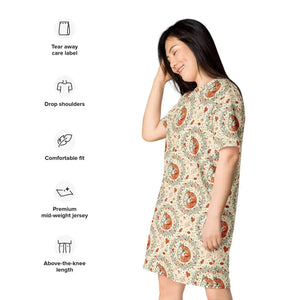 Dresses - Fox Botanical Pattern T-shirt Dress Comfortable Oversize Fit - Dipaliz