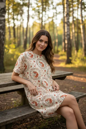 Dresses - Fox Botanical Pattern T-shirt Dress Comfortable Oversize Fit - Dipaliz